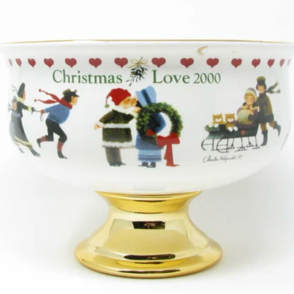 Vintage Charles Wysocki Ceramic Pedestal Bowl or Planter Christmas Love 2000